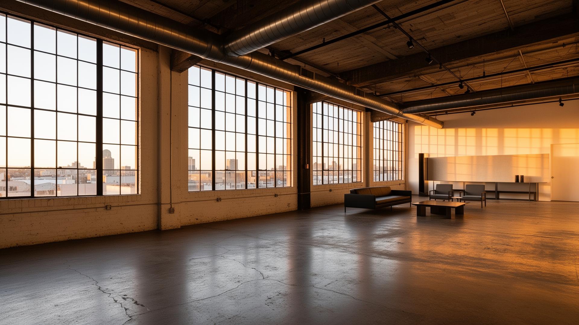 Nova Lofts industrial interior with steel sash windows in Oakland